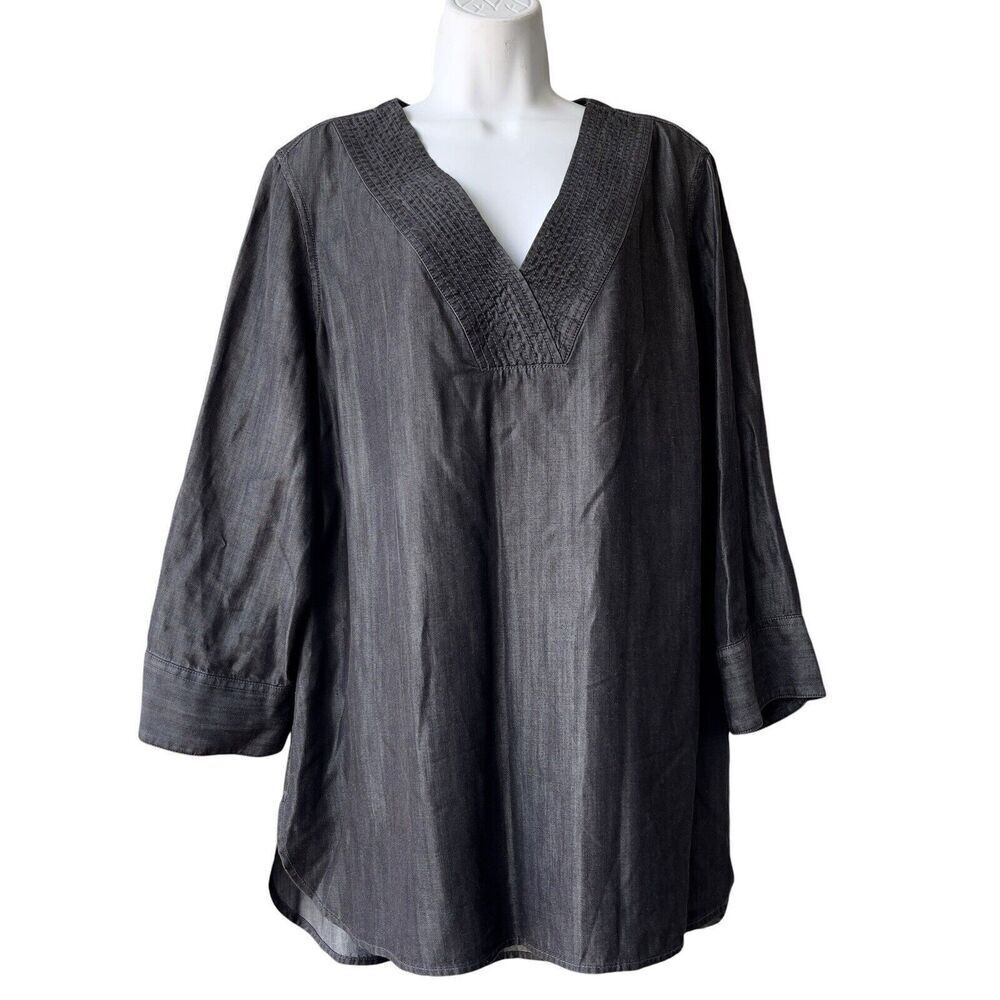 FOXCROFT Chambray Tunic Shirt Tencel Lyocell Vaughn Black V-neck 3/4 Sleeve 16